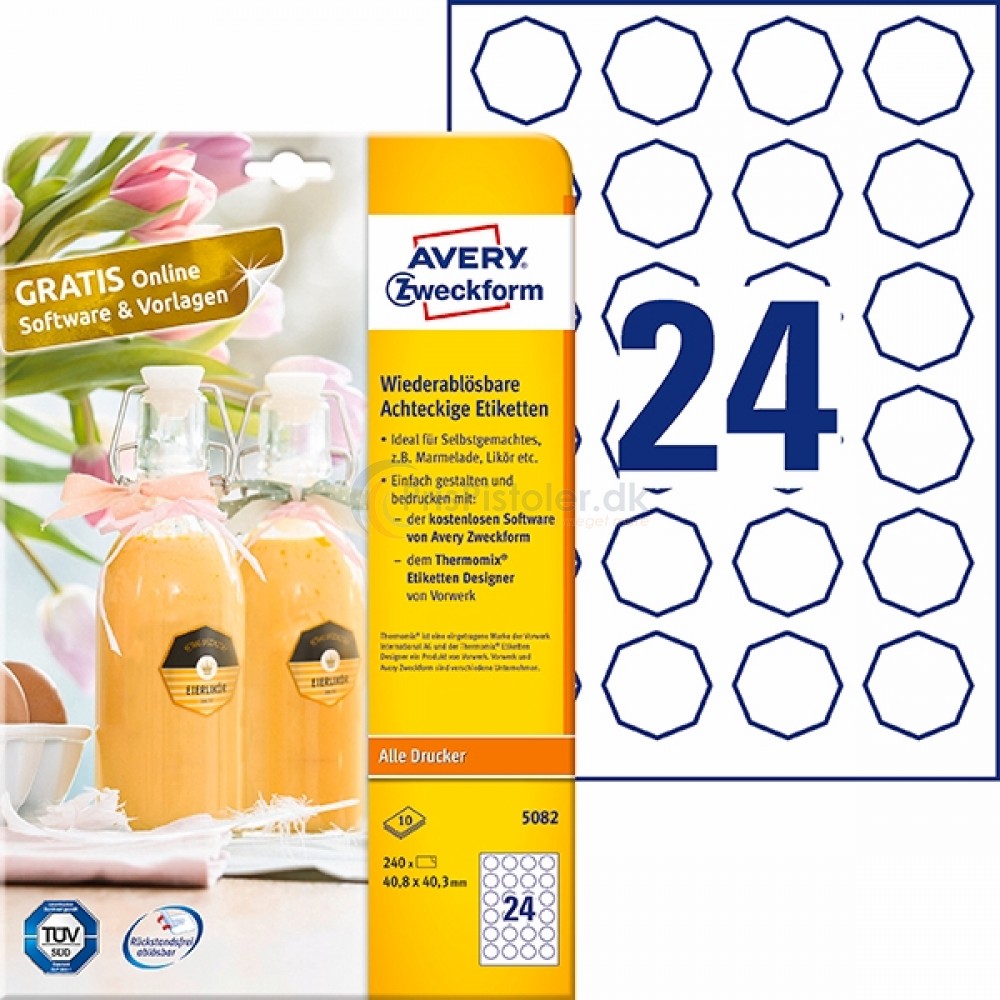 Aftagelige ottekantede produktetiketter A4-ark