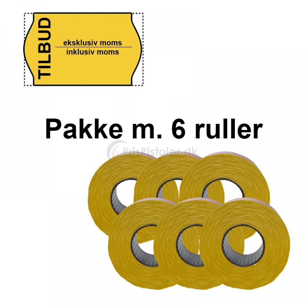 Universal Prismærker 26x16mm perm. gul - tryk med "TILBUD eksklusiv moms / inklusiv moms" - Pakke m. 6 ruller