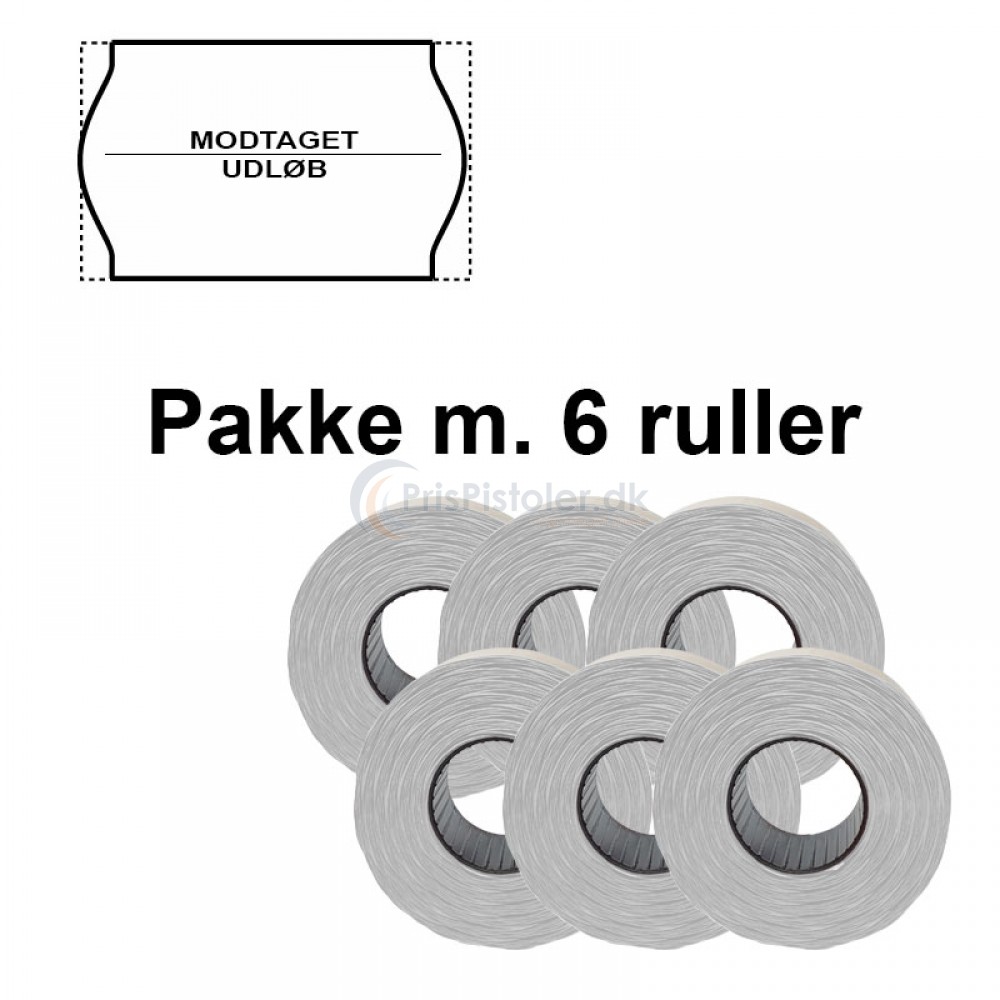 Universal Prismærker 26x16mm perm. hvid - tryk med "modtaget/udløb" - Pakke m. 6 ruller