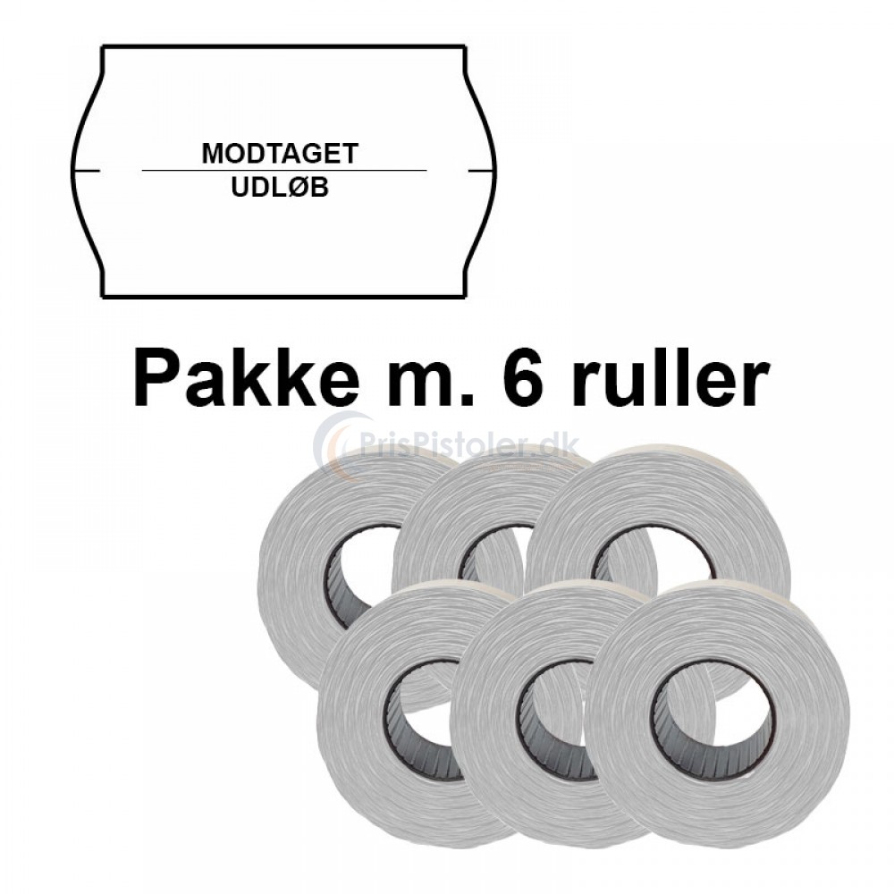 Universal Prismærker 32x19mm perm. hvid "modtaget/udløb" midt - Pakke m. 6 ruller