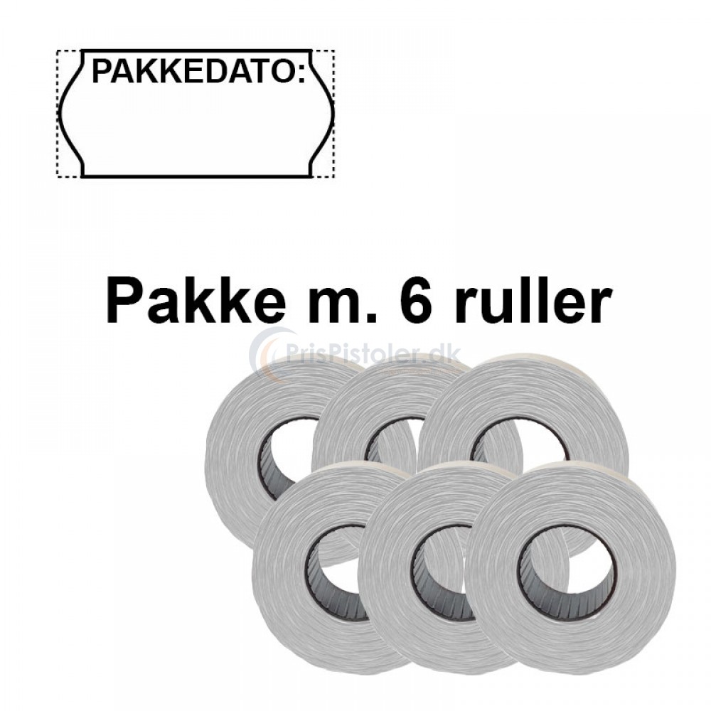 Universale Prismærker 26x12mm perm hvid "Pakkedato:" - Pakke m. 6 ruller