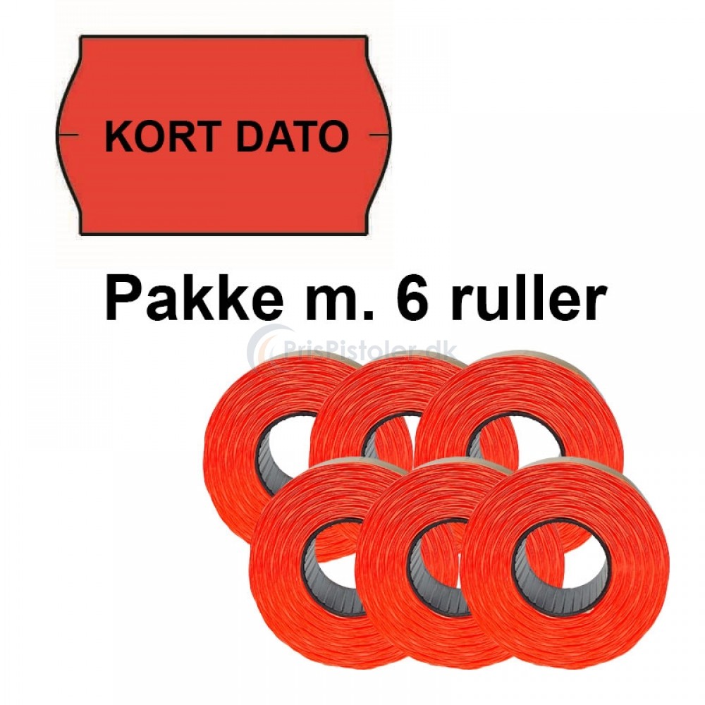Universal Prismærker 32x19mm perm. fluor rød med "KORT DATO" midt - Pakke m. 6 ruller