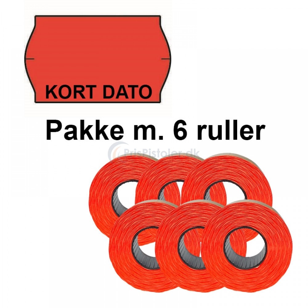 Universal Prismærker 32x19mm perm. fluor rød med "KORT DATO" forneden - Pakke m. 6 ruller