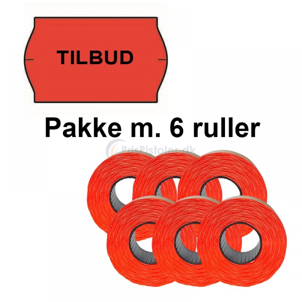 Universal Prismærker 32x19mm perm. fluor rød med "TILBUD" midt - Pakke m. 6 ruller
