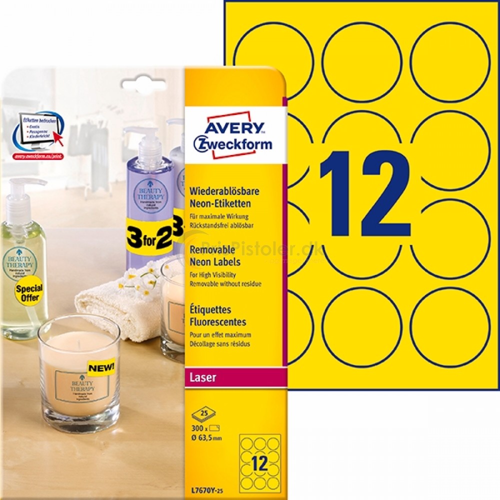 Aftaglige neonfarvede runde etiketter A4-ark L7670Y-25