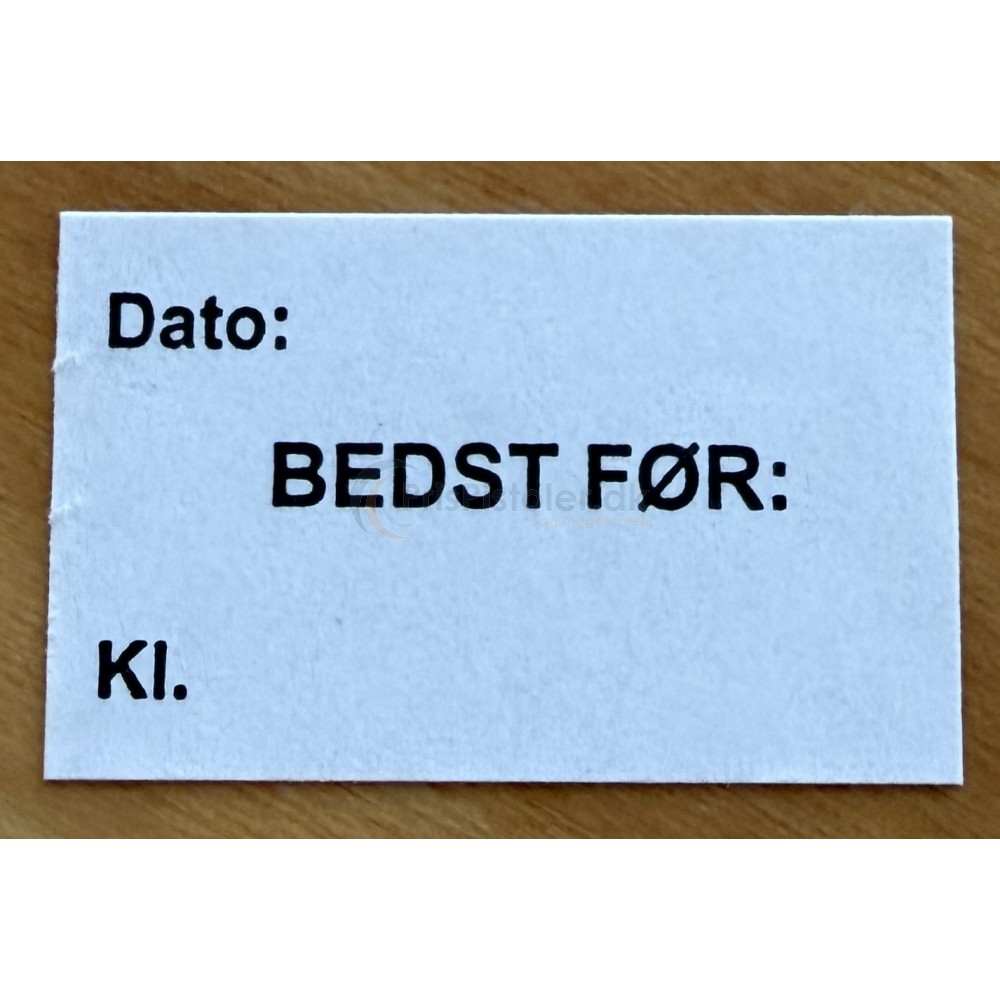 Prismærke "Dato / Bedst før / Kl." 26x16mm perm hvide - Pakke m. 6 ruller